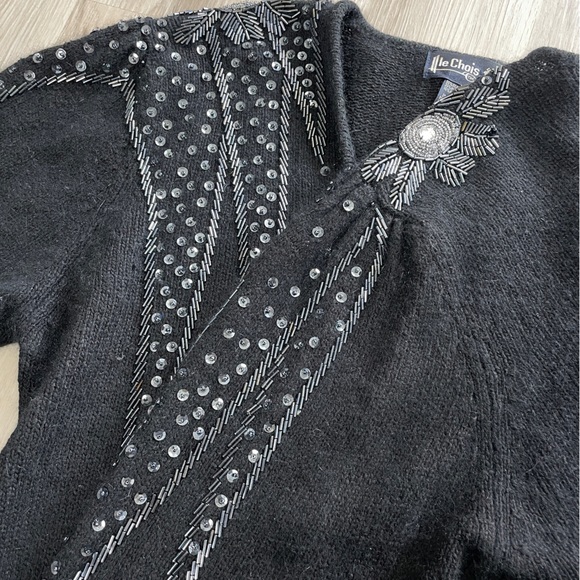 Vintage Le Chois Embellished Beaded Black Angora Wool & Silk Sweater Medium - Picture 9 of 10